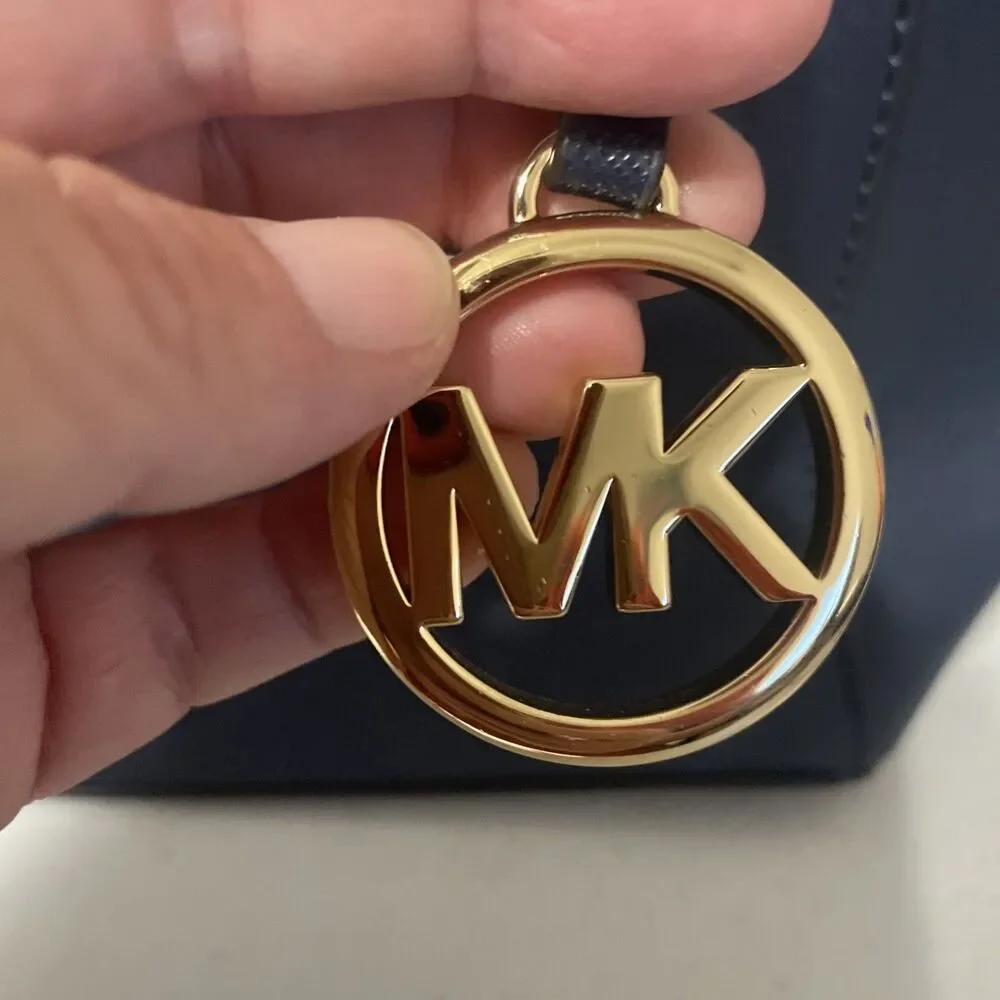 Michael Kors Navy Zip Top Large Tote Bag Gold Hardware Logo Charm Pockets